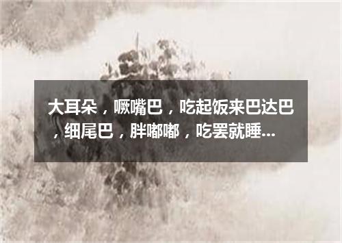 大耳朵，噘嘴巴，吃起饭来巴达巴，细尾巴，胖嘟嘟，吃罢就睡呼噜噜。（打一动物）