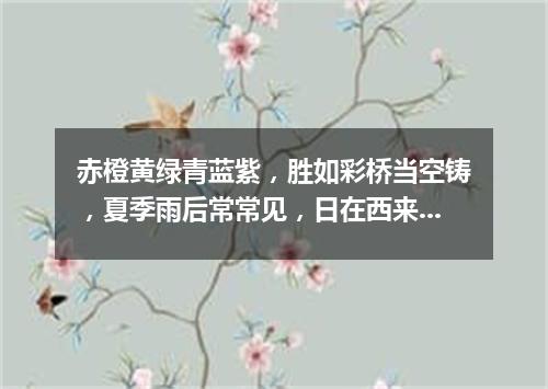 赤橙黄绿青蓝紫，胜如彩桥当空铸，夏季雨后常常见，日在西来它在东。（打一自然现象）